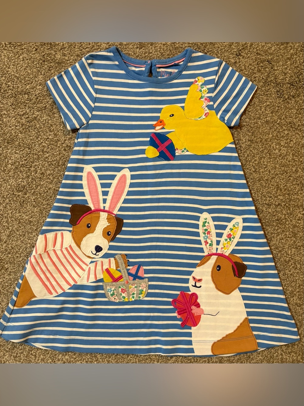 Mini Boden Blue & White Striped Dress with Bunny, Duck & Easter Appliqués